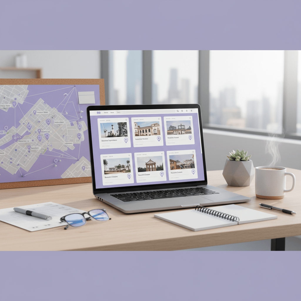 Photorealistic hotel website strategy desk with local map pins and laptop