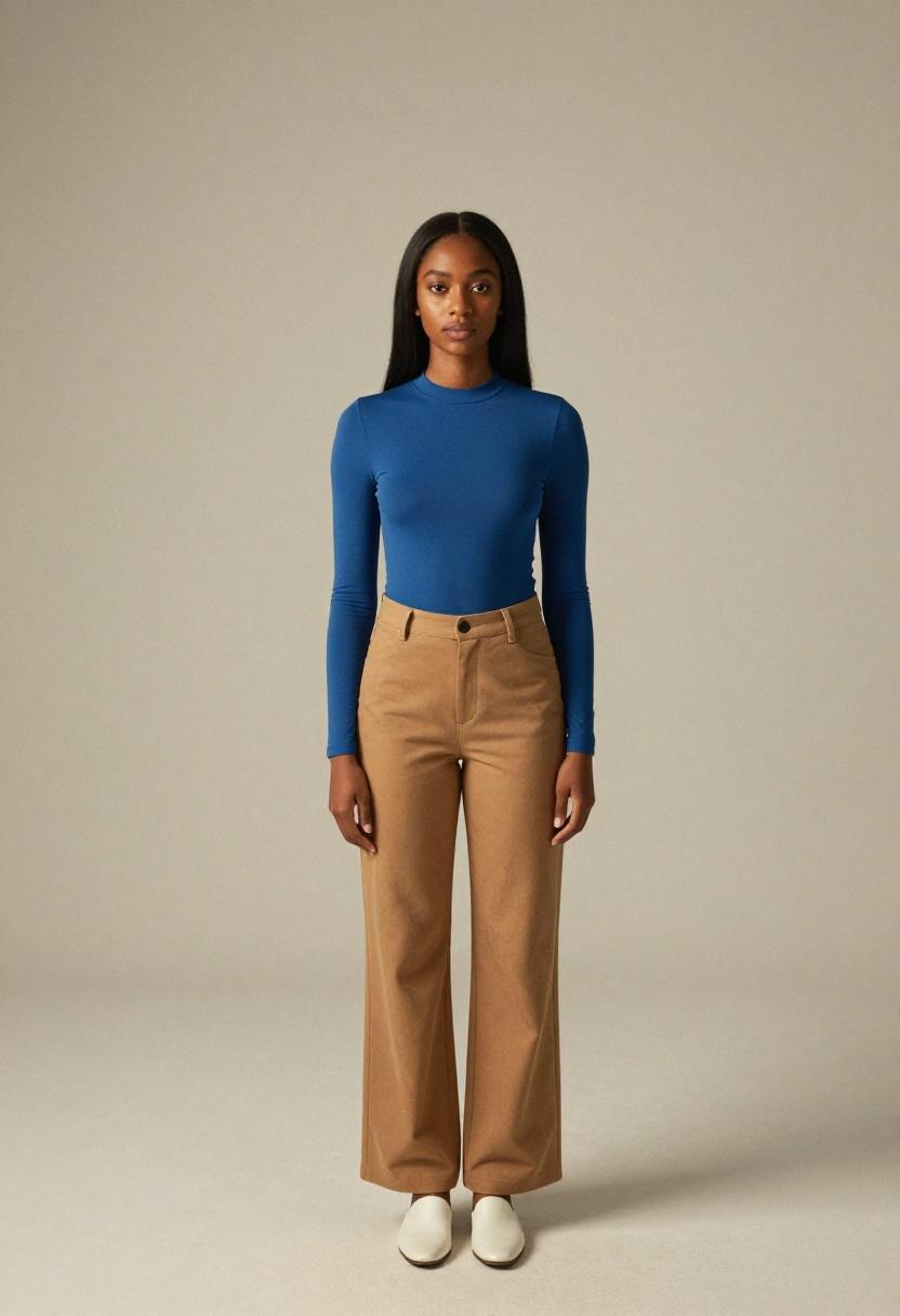 Cobalt blue mock neck top with wide-leg camel pants for a clean confident professional silhouette