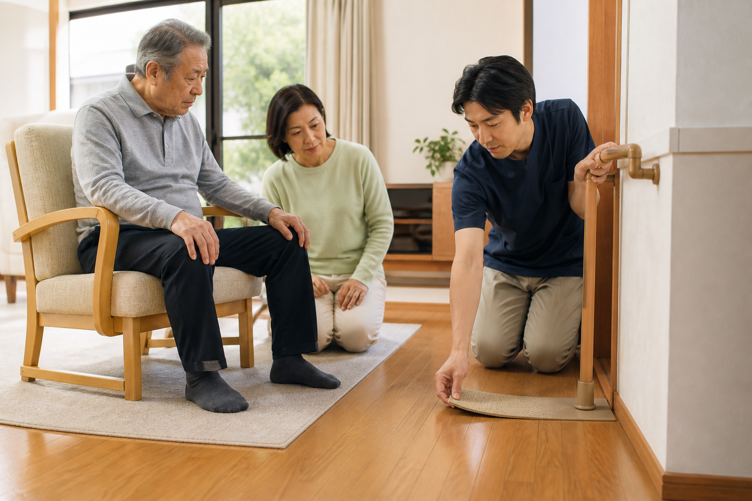 本人と家族と療法士が自宅内の安全な動線を確認する場面