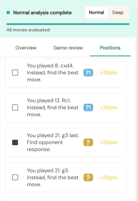 Positions tab listing questionable moves as practice challenges