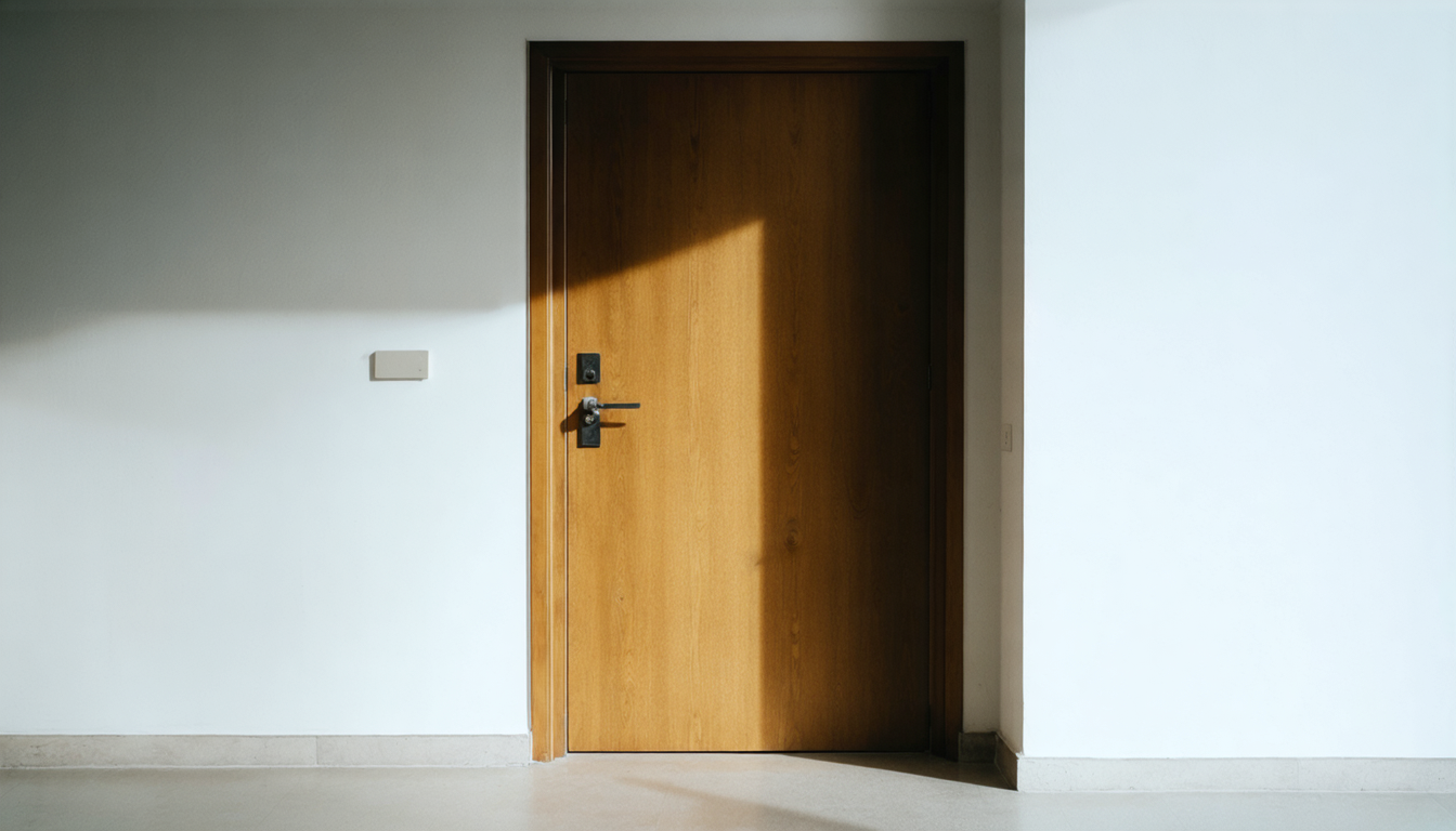 A closed wooden door in a plain white hallway with light visible underneath it