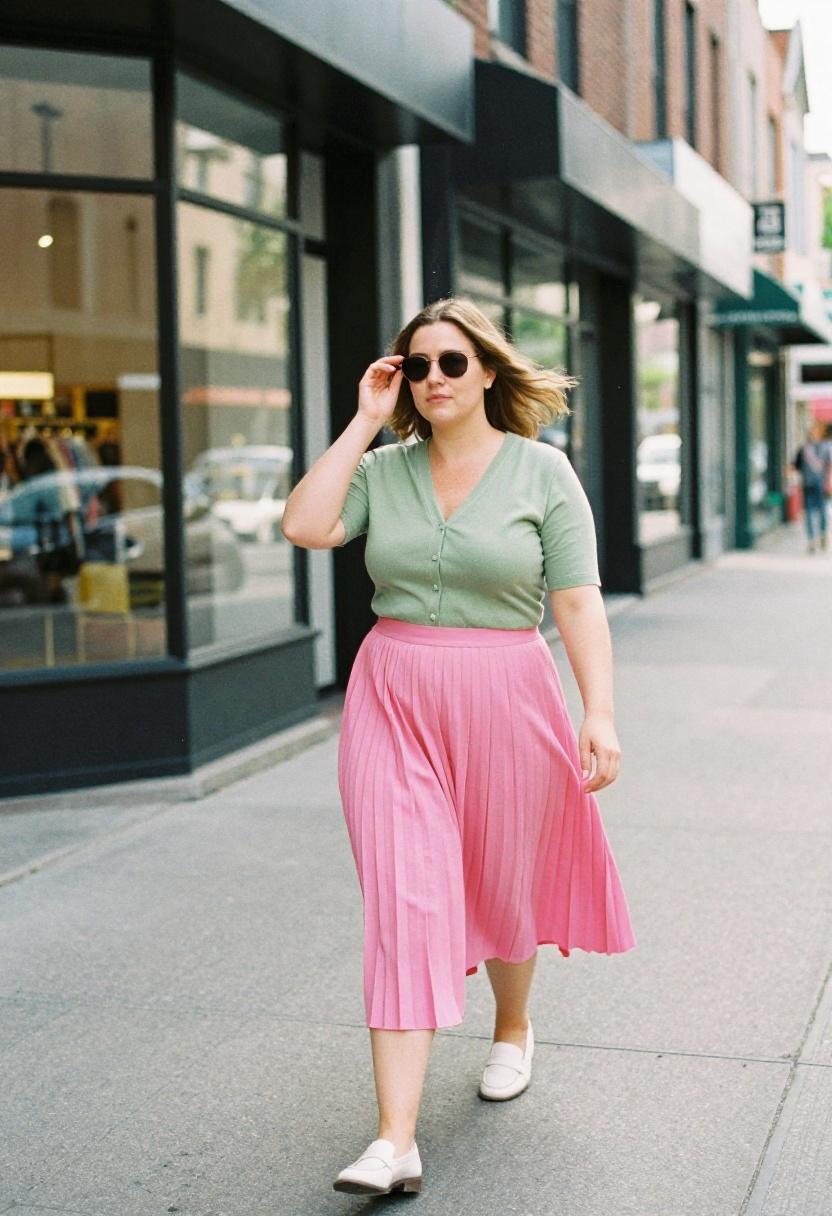 Fuchsia pleated midi skirt with sage green cropped cardigan for spring city look