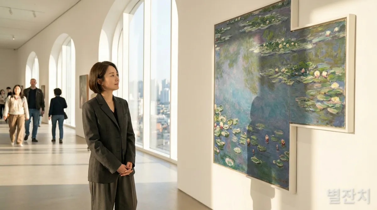 30대 한국인 여성이 모네의 수련 연작을 감상하는 모습, 파리의 오랑주리 미술관 내부 배경