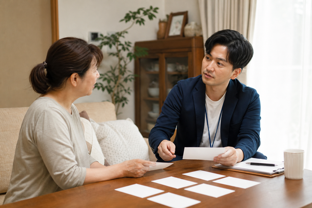 専門職と支援方法や休息の取り方を整理する家族介護者