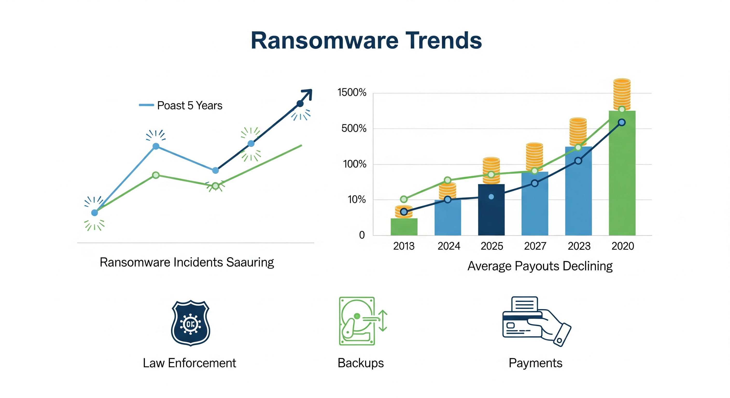 Infographic chart showing ransomware trend lines: incidents up, payouts down — bar and line combination, icons for law enforcement, backups, and payments, professional infographic layout.