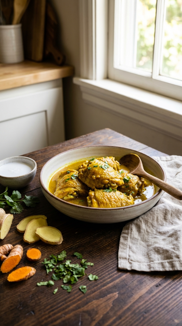 Braised chicken thighs in a creamy golden coconut sauce for dinner turmeric and ginger recipes