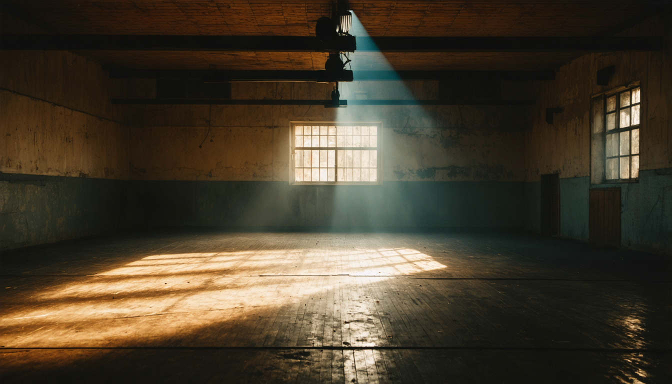 An empty, dimly lit training hall with a worn wooden floor, a single shaft of cold window light crossing the room while the corners fall into shadow.