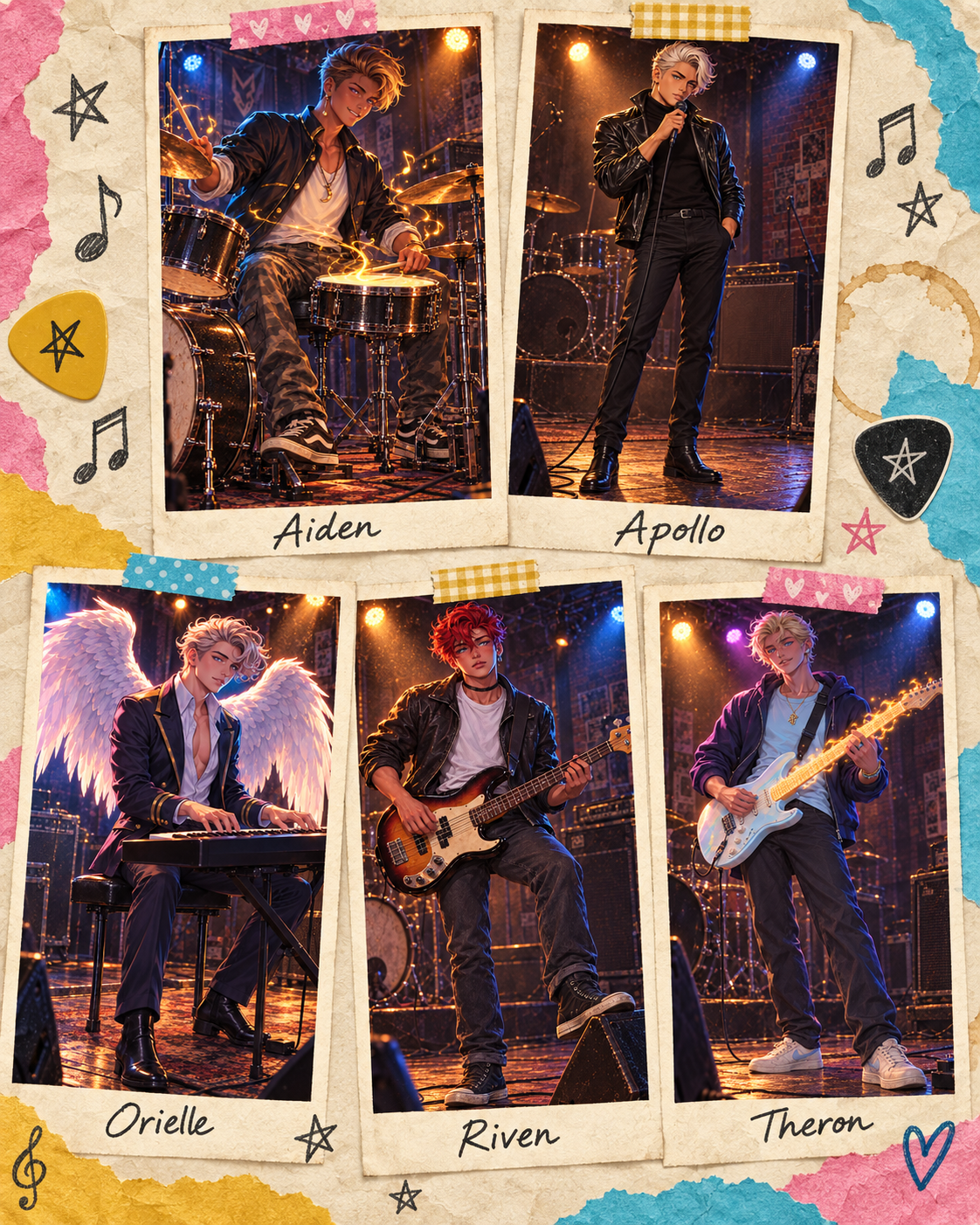 AuroraBite member scrapbook featuring Aiden, Apollo, Orielle, Riven, and Theron.