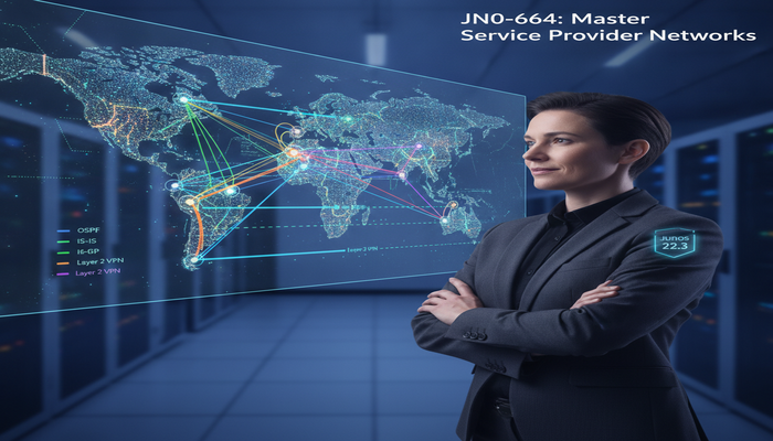 JN0-664: Master Service Provider Networks A network engineer demonstrating mastery over a complex digital representation of a global service provider network on a holographic display, embodying the advanced skills gained from the Juniper JN0-664 certification.