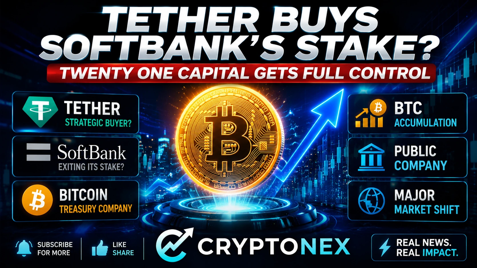 Tether buys SoftBank’s stake in Twenty One Capital, Bitcoin treasury strategy, and crypto market control news thumbnail
