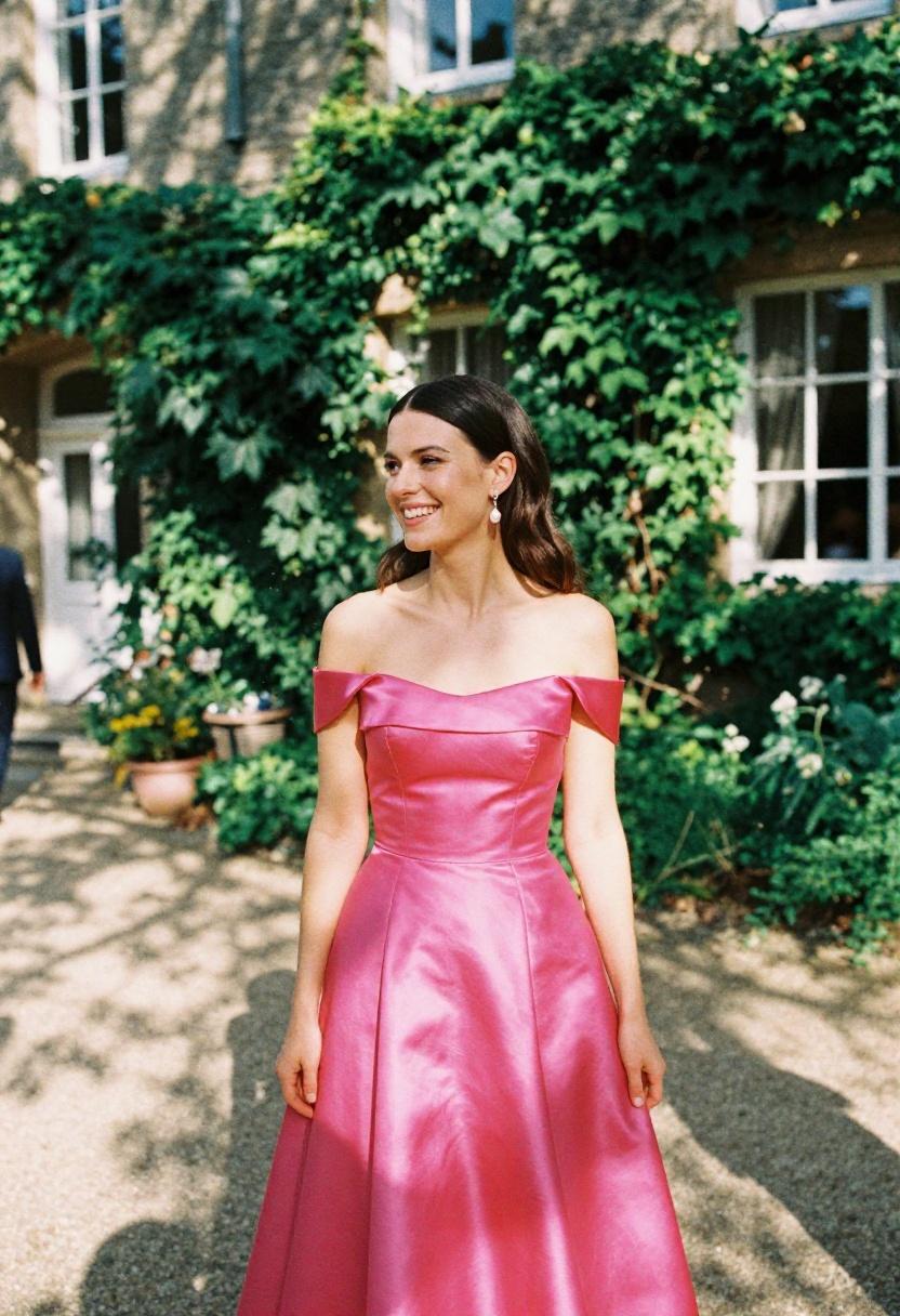 Woman in fuchsia off-the-shoulder satin midi dress with pearl earrings at a summer black tie event