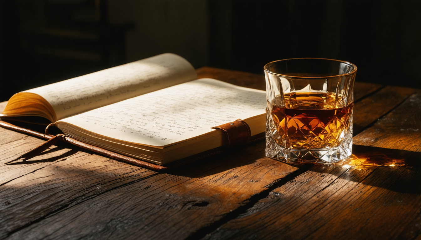 An empty crystal tumbler beside an open notebook on a worn wooden desk in low amber light.