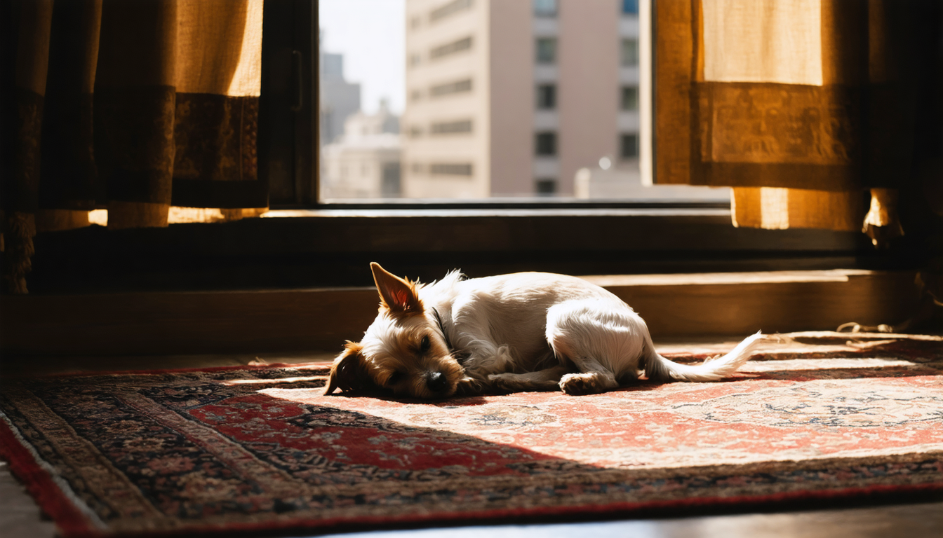 A small dog asleep on a rug in afternoon light, utterly slack.