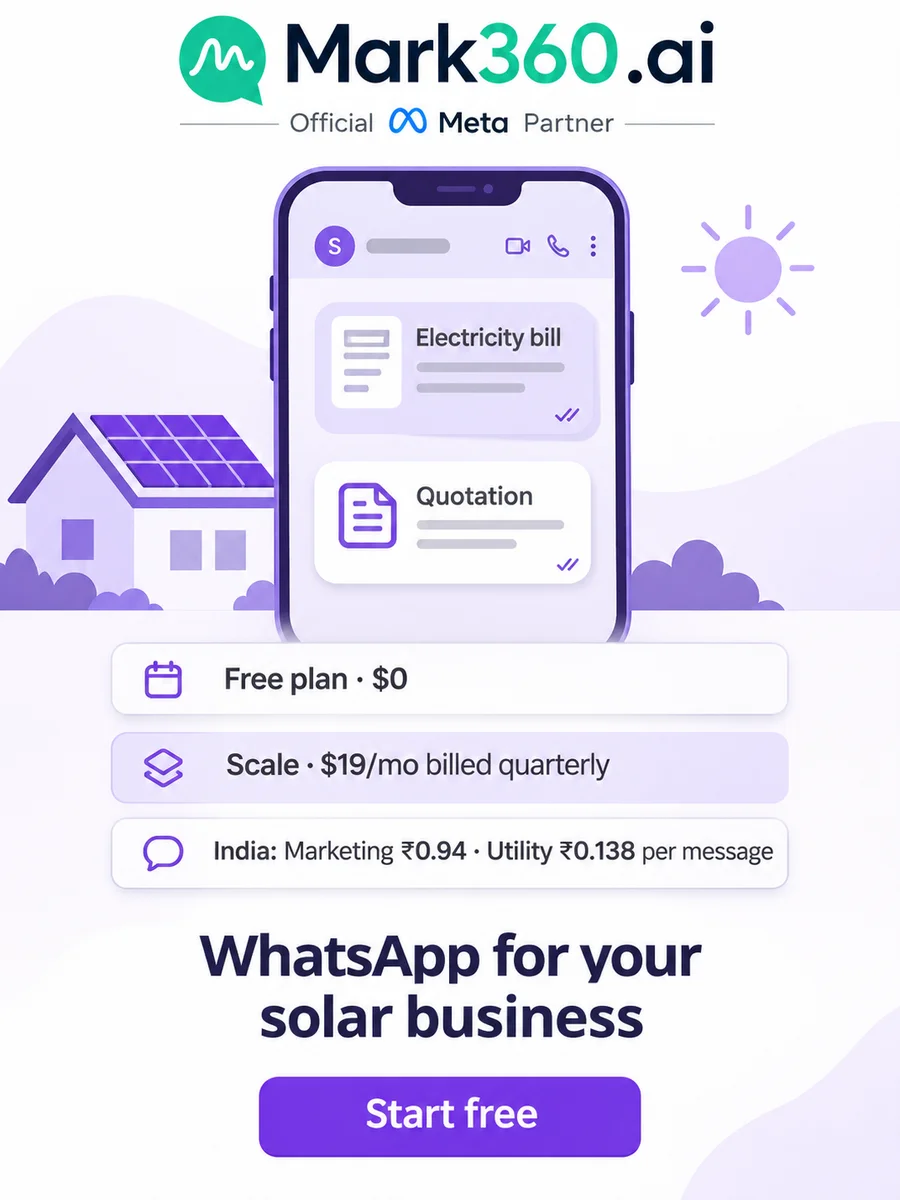Start WhatsApp for your solar business free on Mark360.ai: Free plan $0, Scale $19/mo billed quarterly, India utility ₹0.138 and marketing ₹0.94 per message