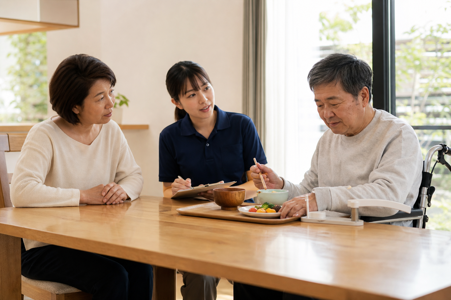 脳卒中後の本人と家族、リハビリ専門職が食事動作と必要な支援を一緒に確認する場面