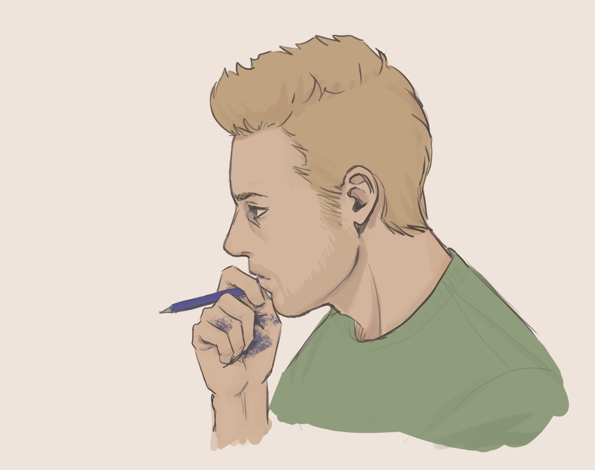 Ray looking emo with a leaking pen and smudges in hand