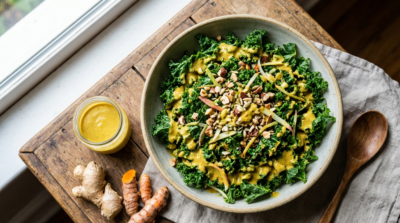 Kale salad tossed in a creamy golden dressing representing healthy recipes using turmeric and ginger