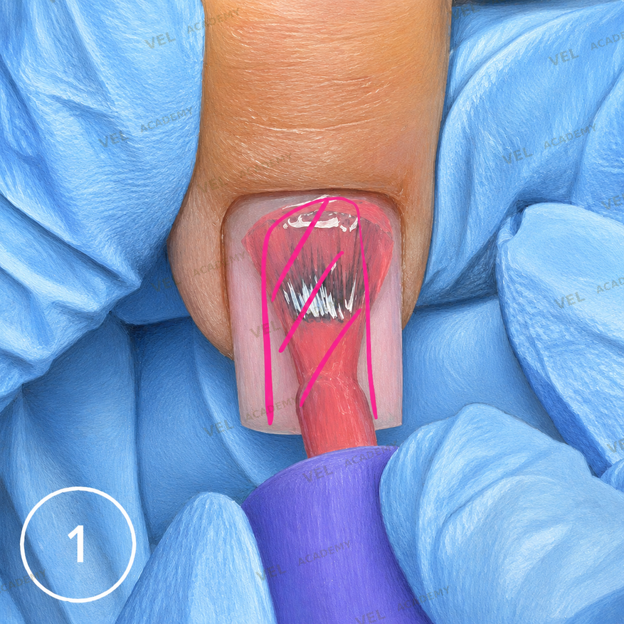 First gel polish colour layer step 1 center stroke lightly loaded brush