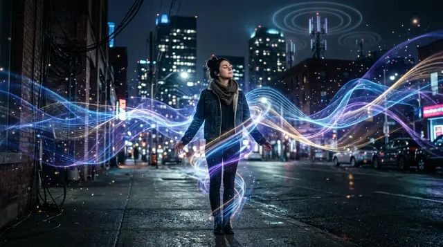 Person surrounded by glowing electromagnetic waves and cosmic particles in dark cityscape, evoking wonder