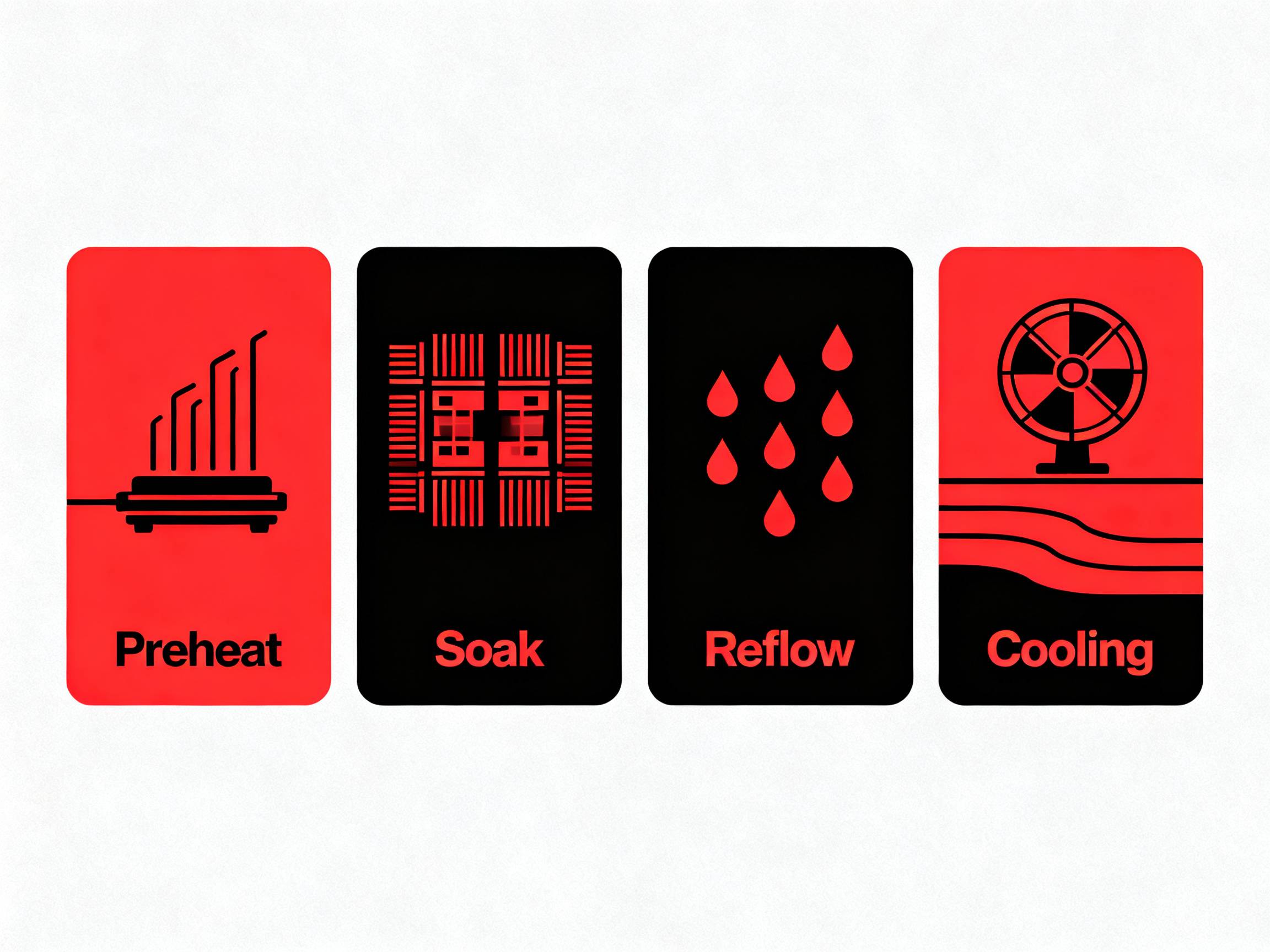 Reflow soldering process phases preheat soak reflow cooling.