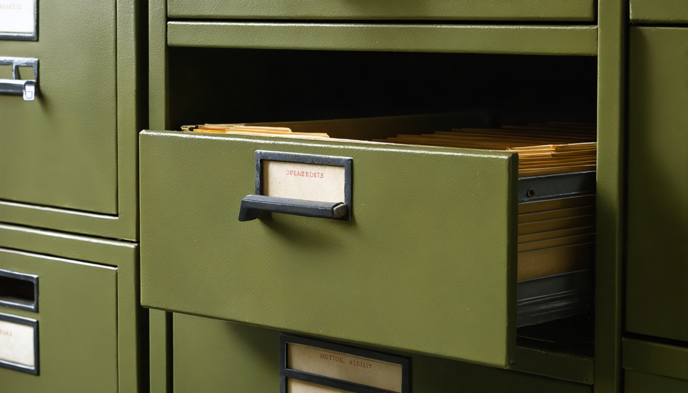 An aged naval document drawer partially open, with files visible inside, in a dimly lit bureaucratic office.
