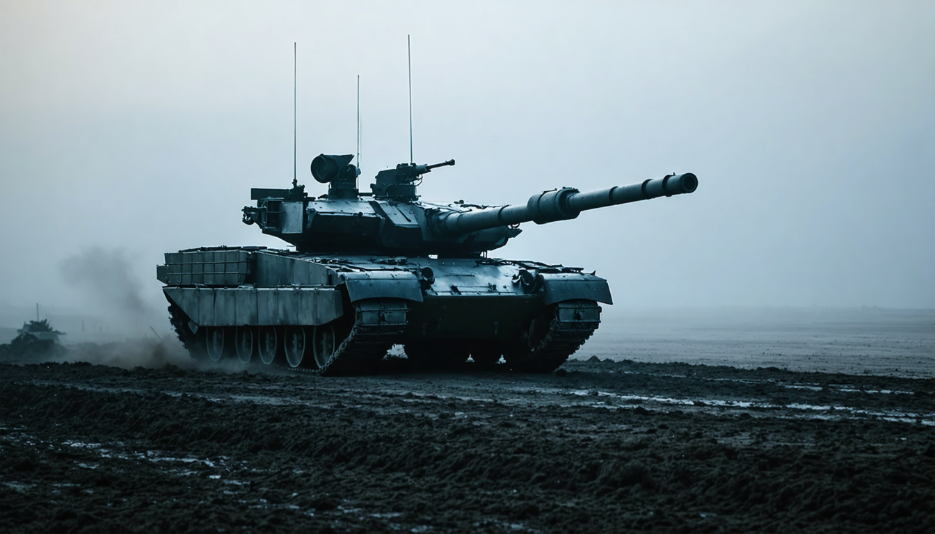 A lone tank silhouetted on an empty gray training field at dawn, fog low to the ground, dwarfed by the emptiness around it.