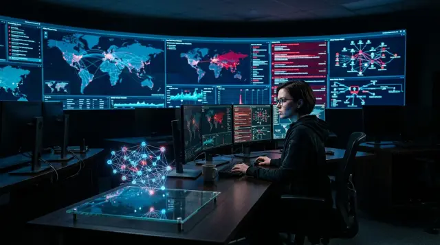 Cybersecurity analyst monitoring glowing threat displays in dark operations center, tense atmosphere