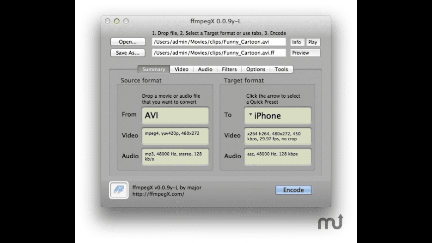 ffmpegX for Mac — choosing a target format and encoding options in the main window