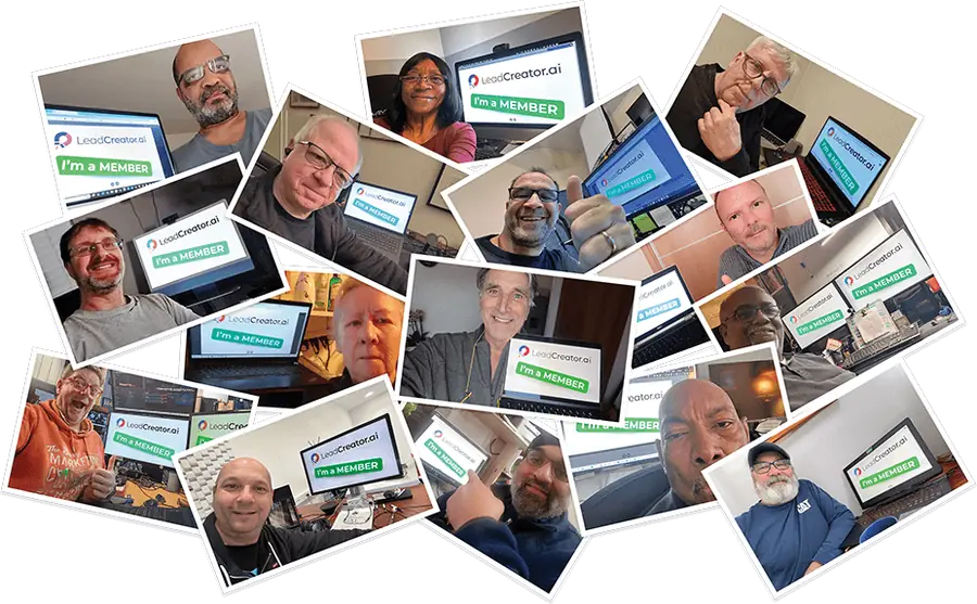 A collage of LeadCreator members at their screens, each showing an I'm a Member card