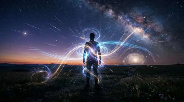 Luminous energy streams and particles flowing through a human silhouette under a cosmic twilight sky