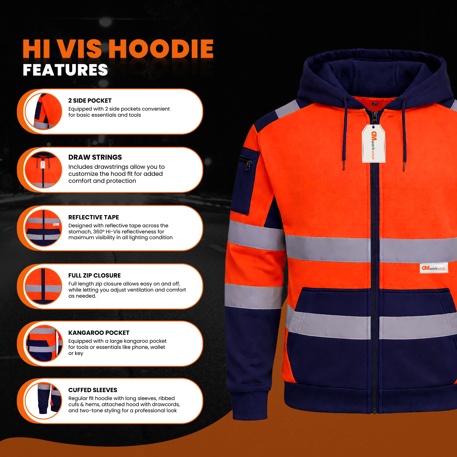 GM Workwear Hi Vis Hoodie Safety Features Detail Kangaroo Pocket Sleeve Zip