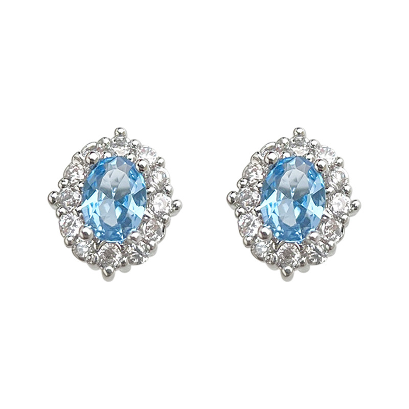 Blue Zircon Silver Plated Stud Earrings for Women - Elegant Minimalist Aquamarine Crystal Earrings for Everyday Wear