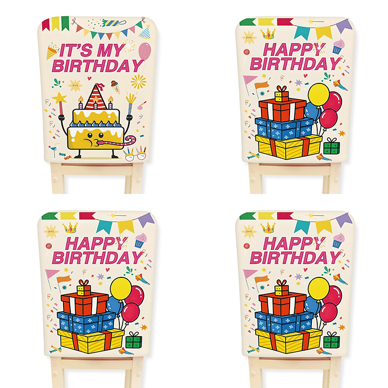 4 pcs Cartoon half chair covers birthday(Happy birthday*3 and It's my birthday*1) - Stretch Dining Chair Back Cover with Gift Print Decorative Slipcover for Birthday Party Home Dining Room Decoration chair back covers party