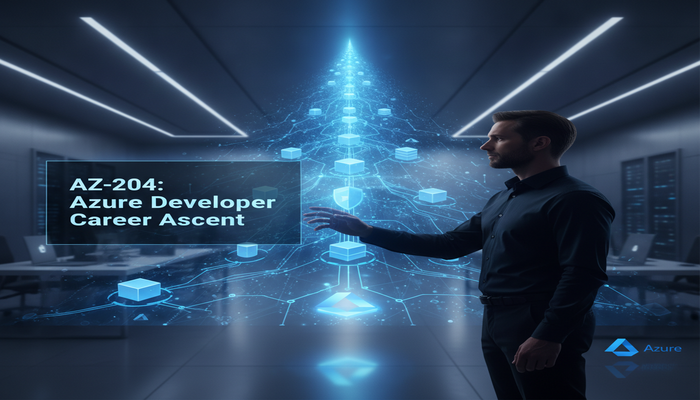 A developer confidently interacting with a strategic, holographic Azure cloud architecture, symbolizing career growth and mastery of the AZ-204 Azure Developer exam.