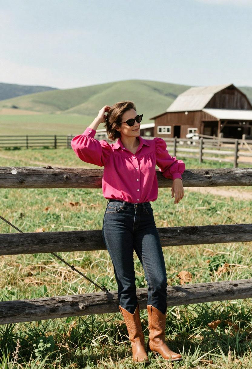 Magenta rhinestone cowgirl blouse with puff sleeves for showstopping western ranch glamour