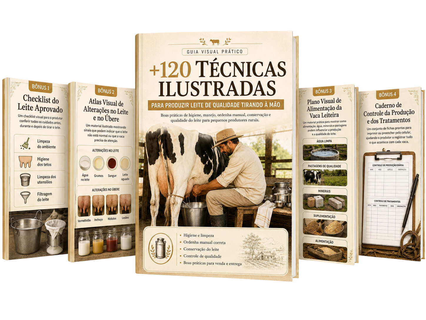 Mockup do material +120 Técnicas Ilustradas para Produzir Leite de Qualidade Tirado a Mão