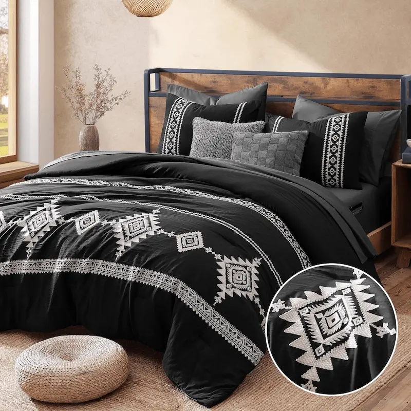Boho Western Embroidered Comforter Set – Black Farmhouse King Bedding Ensemble