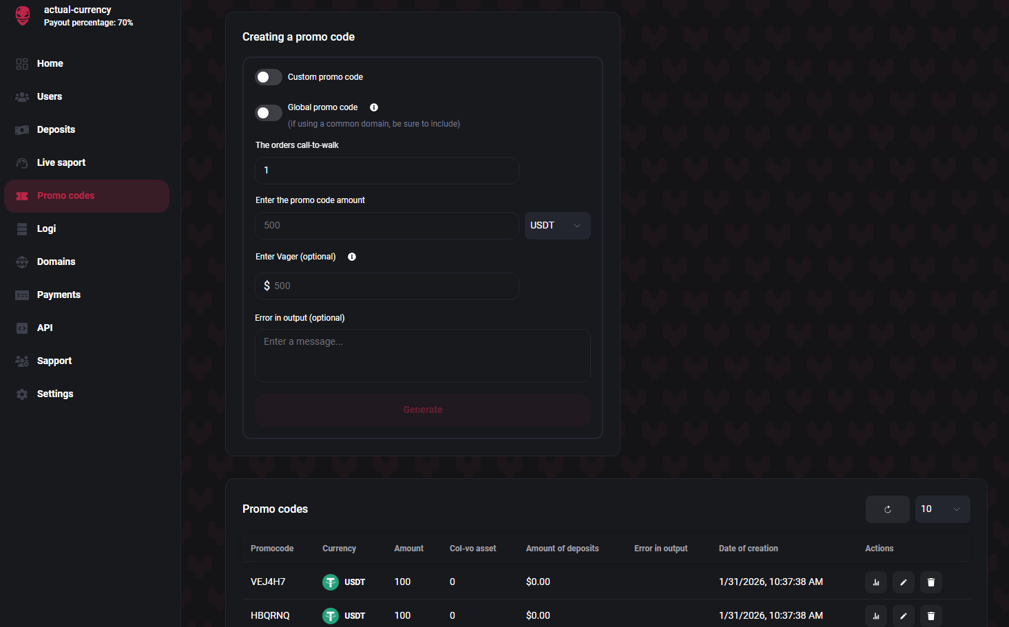 BitXLucky Promo Codes Panel