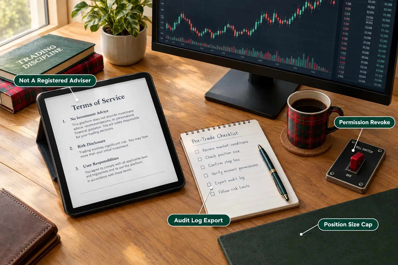 Trader desk with a terms of service tablet labeled not a registered adviser, a pre-trade checklist and a kill switch for revoking agent permissions