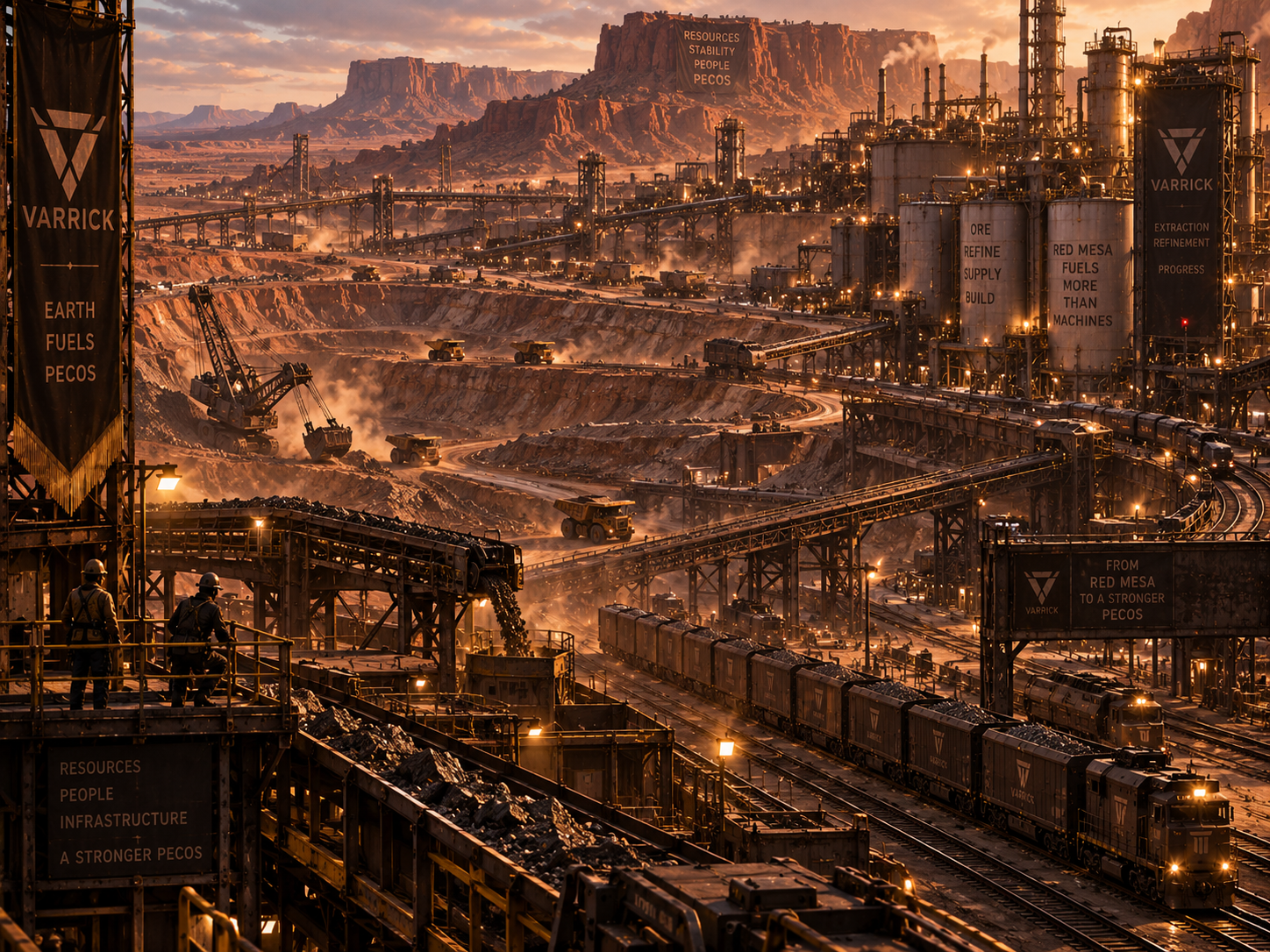 Vast Red Mesa extraction district with open mines, conveyors, refineries, freight rail and industrial infrastructure