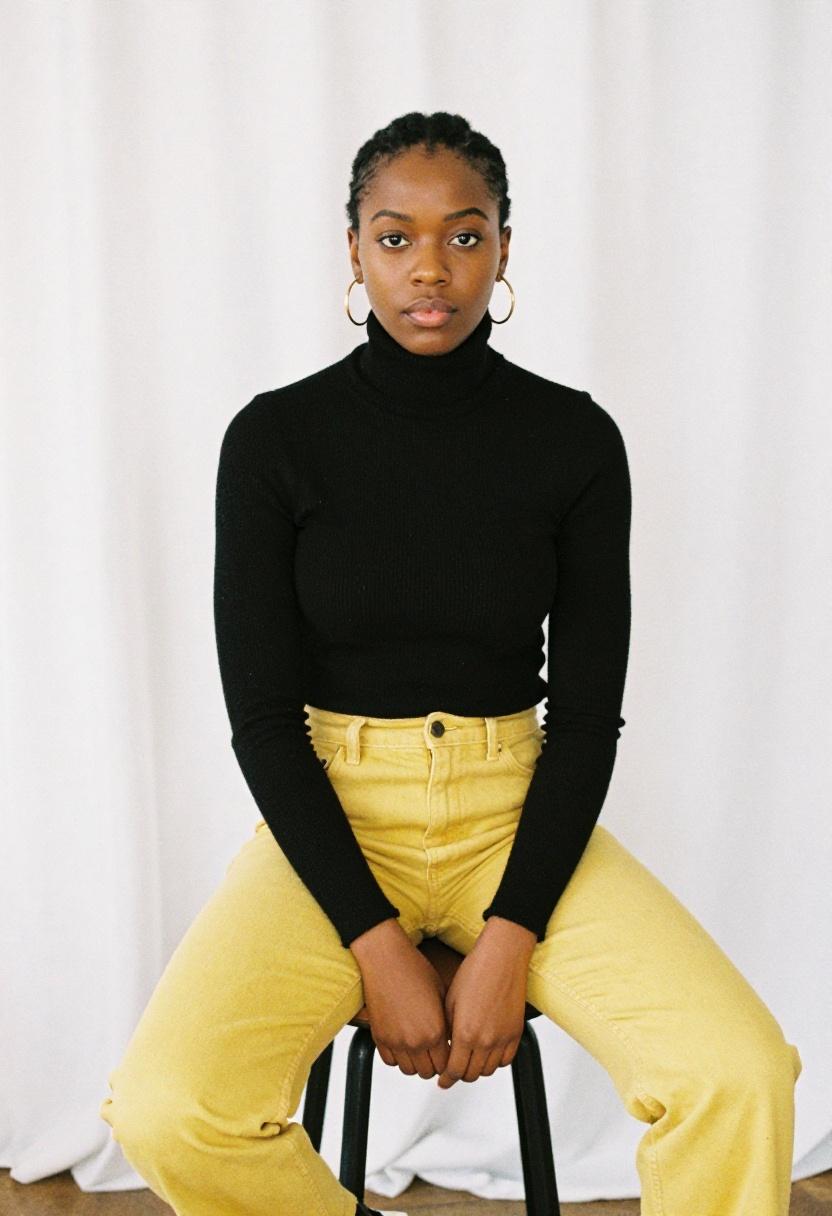 Mustard yellow straight leg jeans with black turtleneck editorial seated pose for bold Casual Friday