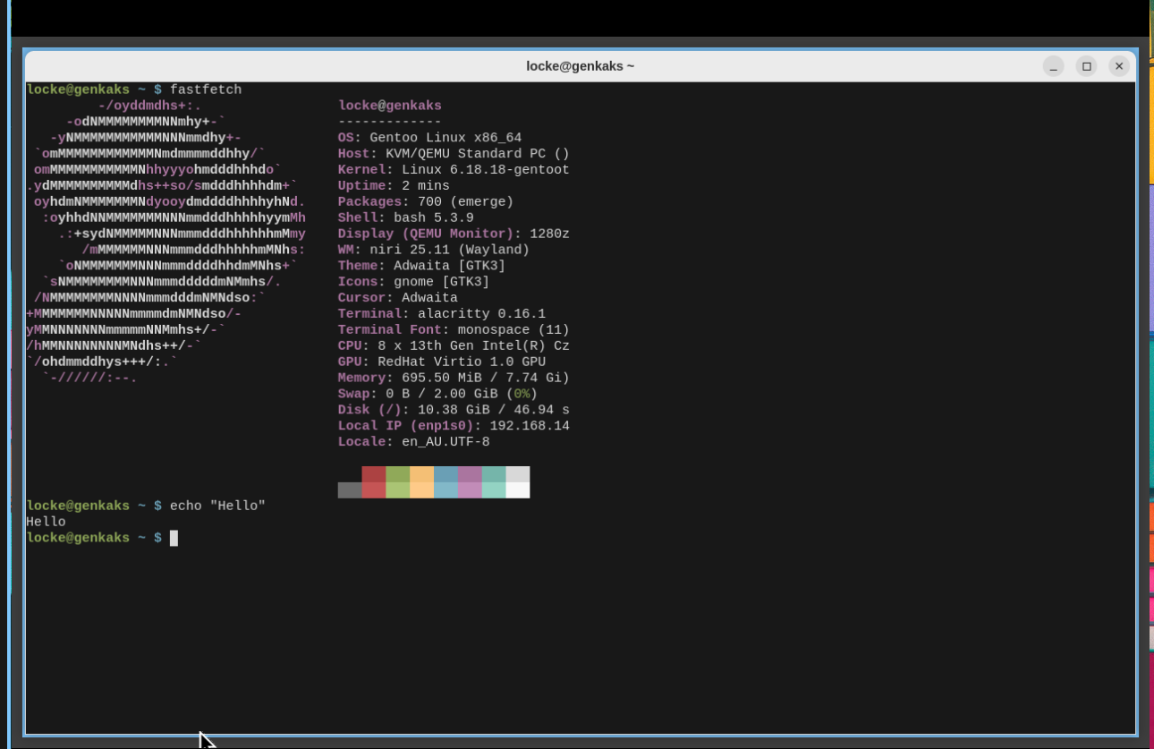 Obligatory Fastfetch showing I'm *really* running Niri on Gentoo inside QEmu