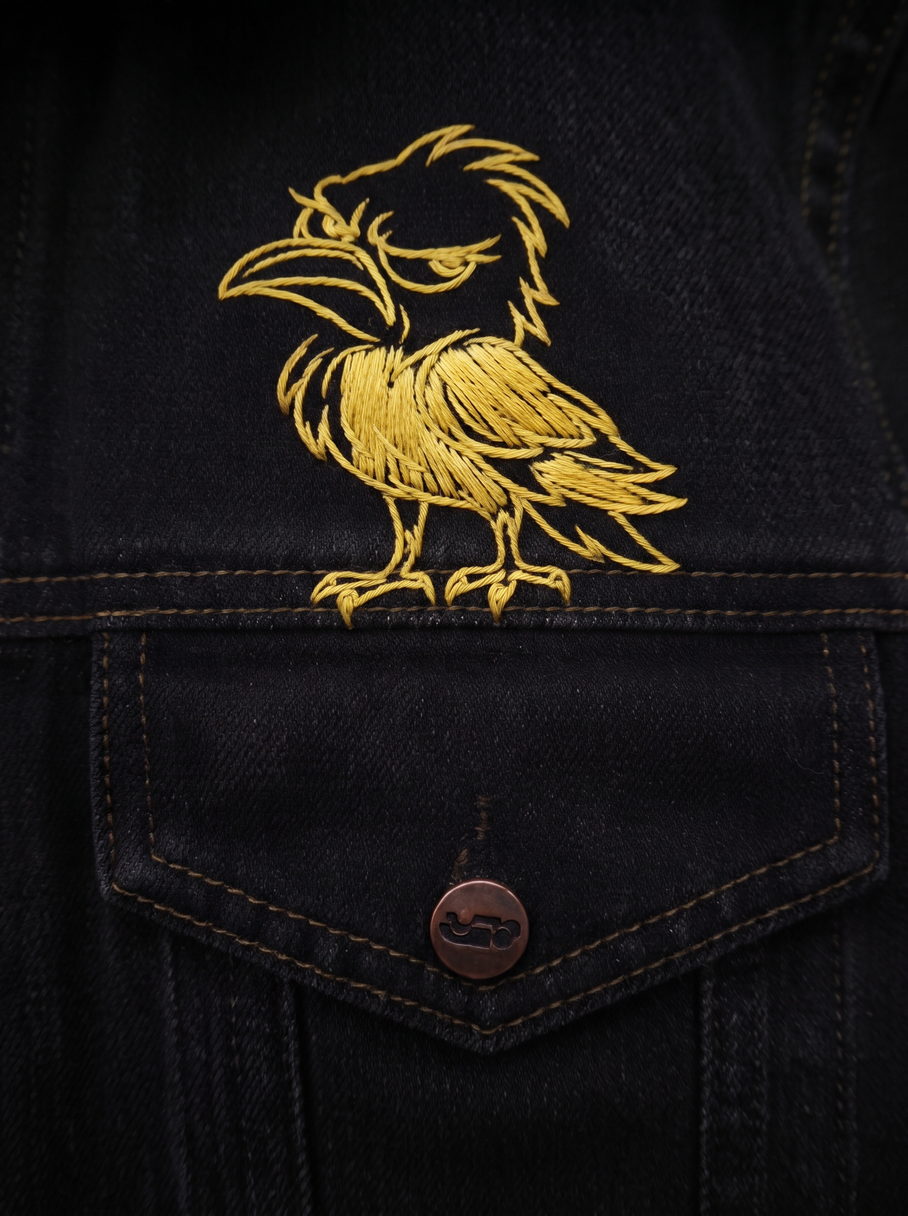 Grumpy Crow & Stars embroidery design shown from another perspective
