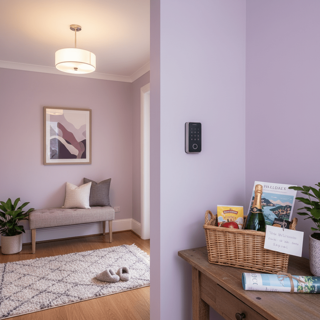 A cozy rental entryway with keyless entry and a warm welcome setup
