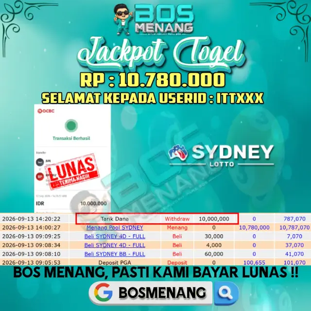 Bukti JACKPOT Tanggal 13 SEPTEMBER 2026 - MENANG TOGEL - SYDNEY LOTTO  Rp 10.780.000,-