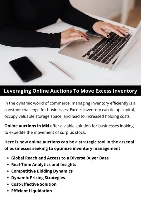 Online auctions in MN provide a global platform to efficiently liquidate excess inventory. With competitive bidding dynamics and cost-effective solutions, businesses can swiftly maximize returns. The dynamic pricing and real-time analytics offered by online platforms enable strategic decision-making, ensuring a streamlined process for turning surplus stock into valuable assets. To know more visit here https://www.auctionmasters.com/