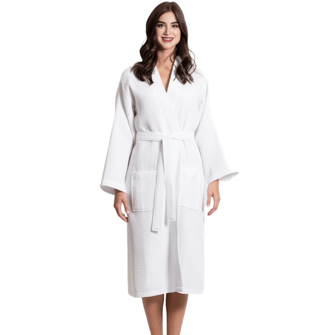 Women's Waffle White Long Premium Cotton Blend Bathrobe (Small) view 4