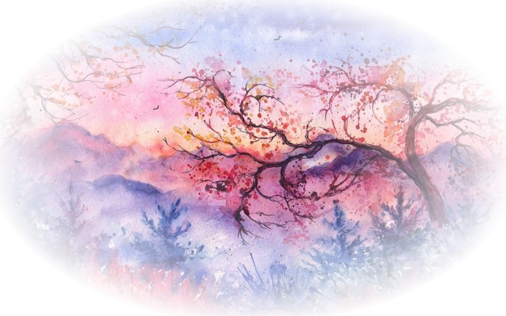 Beautiful-amazing-great-sunset-Mountains-trees-Christmas-trees-birds-foliage-font-b-watercolor-b-fon