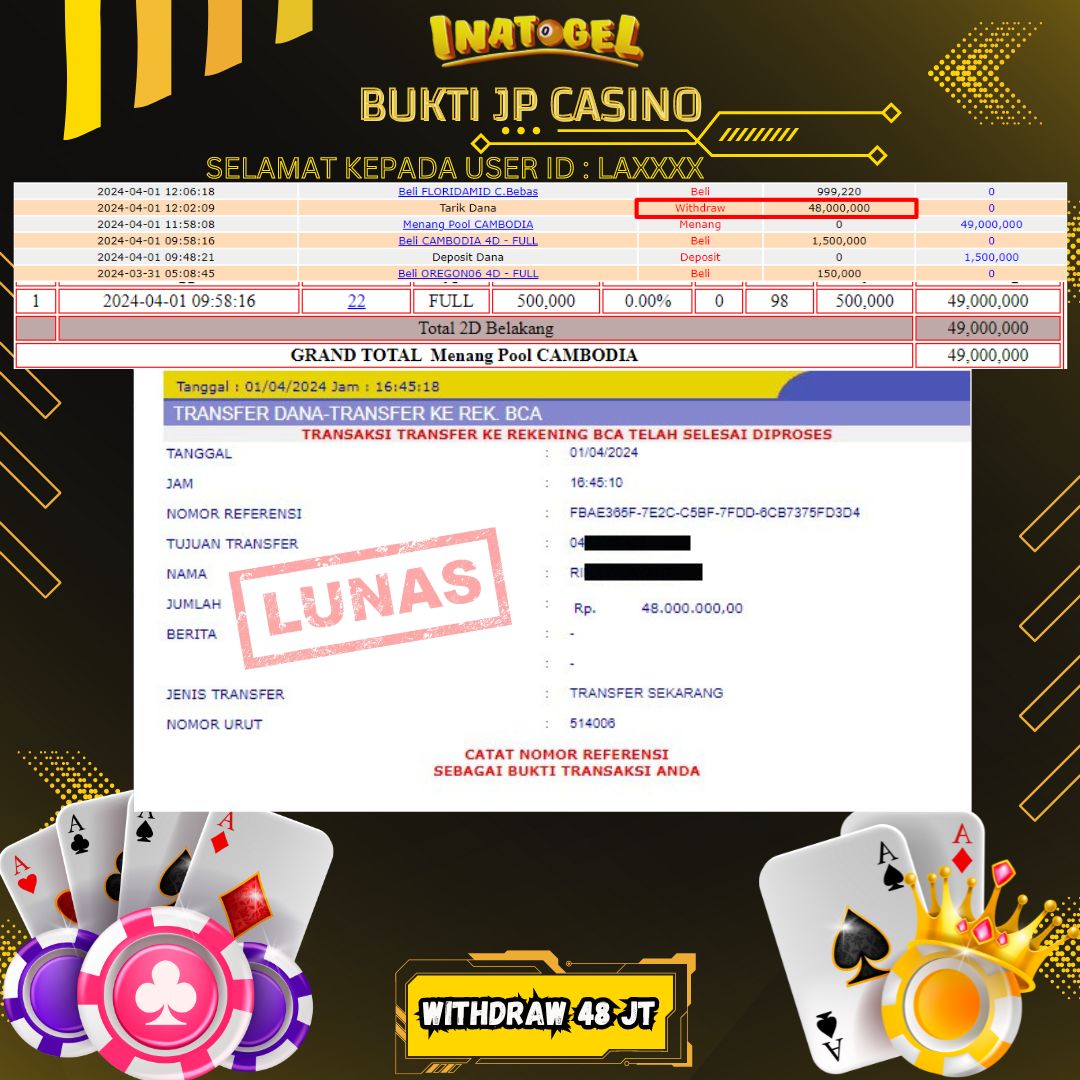 BUKTI PEMBAYARAN JP TOGEL CAMBODIA Rp48,000,000,- LUNAS
