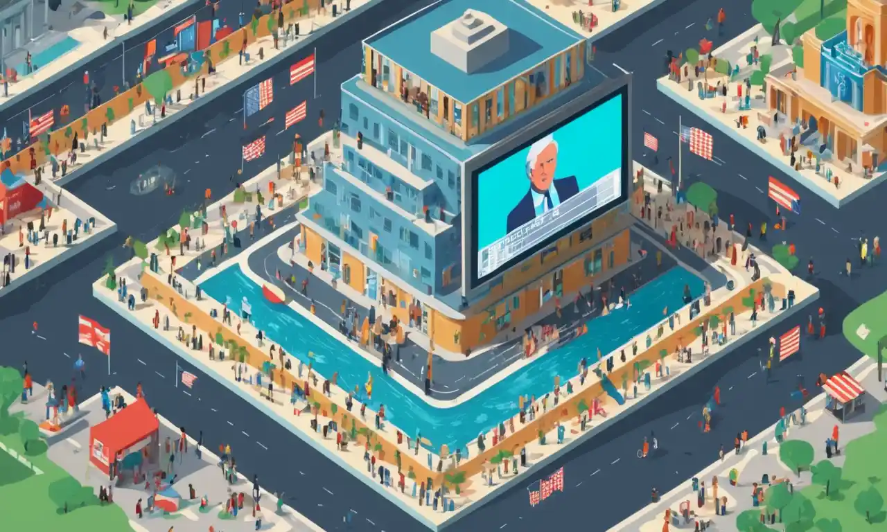 Un paisaje urbano con una pantalla gigante que muestra una película o un programa de televisión, rodeado de gente que participa en discusiones políticas.